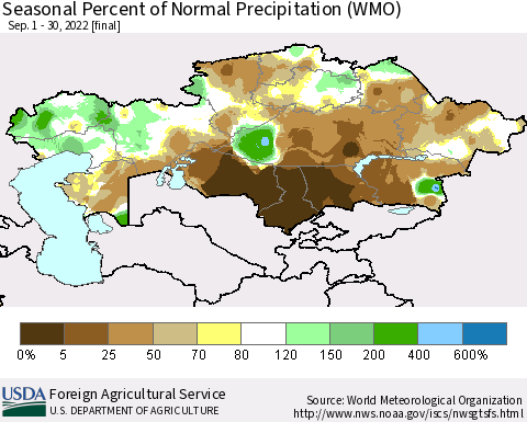 Kazakhstan Seasonal Percent of Normal Precipitation (WMO) Thematic Map For 9/1/2022 - 9/30/2022