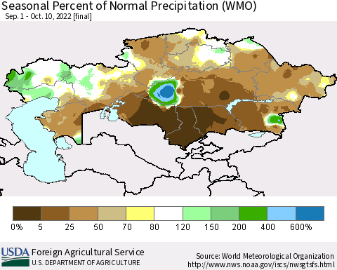 Kazakhstan Seasonal Percent of Normal Precipitation (WMO) Thematic Map For 9/1/2022 - 10/10/2022