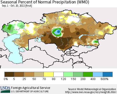 Kazakhstan Seasonal Percent of Normal Precipitation (WMO) Thematic Map For 9/1/2022 - 10/20/2022