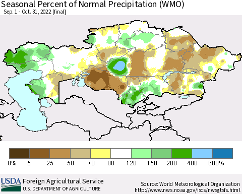 Kazakhstan Seasonal Percent of Normal Precipitation (WMO) Thematic Map For 9/1/2022 - 10/31/2022