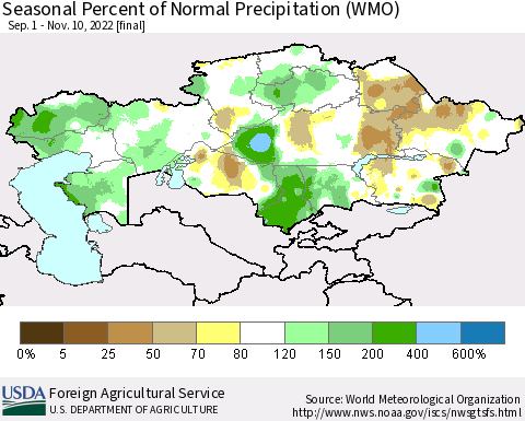 Kazakhstan Seasonal Percent of Normal Precipitation (WMO) Thematic Map For 9/1/2022 - 11/10/2022