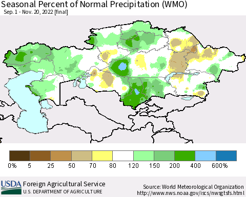 Kazakhstan Seasonal Percent of Normal Precipitation (WMO) Thematic Map For 9/1/2022 - 11/20/2022
