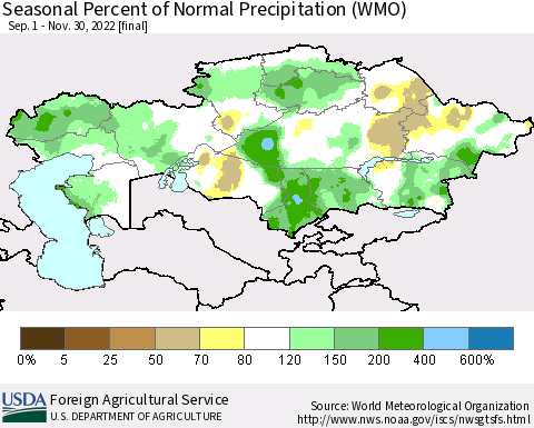 Kazakhstan Seasonal Percent of Normal Precipitation (WMO) Thematic Map For 9/1/2022 - 11/30/2022
