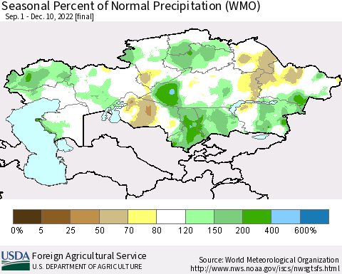 Kazakhstan Seasonal Percent of Normal Precipitation (WMO) Thematic Map For 9/1/2022 - 12/10/2022