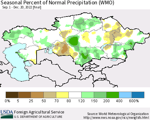 Kazakhstan Seasonal Percent of Normal Precipitation (WMO) Thematic Map For 9/1/2022 - 12/20/2022