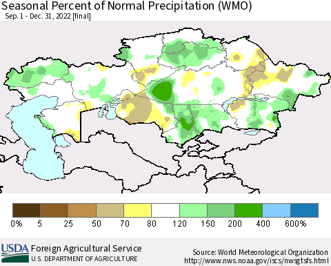 Kazakhstan Seasonal Percent of Normal Precipitation (WMO) Thematic Map For 9/1/2022 - 12/31/2022
