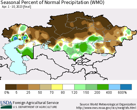 Kazakhstan Seasonal Percent of Normal Precipitation (WMO) Thematic Map For 4/1/2023 - 4/10/2023