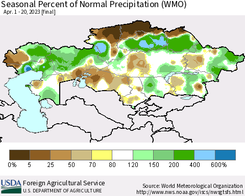 Kazakhstan Seasonal Percent of Normal Precipitation (WMO) Thematic Map For 4/1/2023 - 4/20/2023