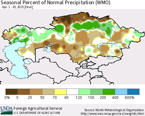 Kazakhstan Seasonal Percent of Normal Precipitation (WMO) Thematic Map For 4/1/2023 - 4/30/2023