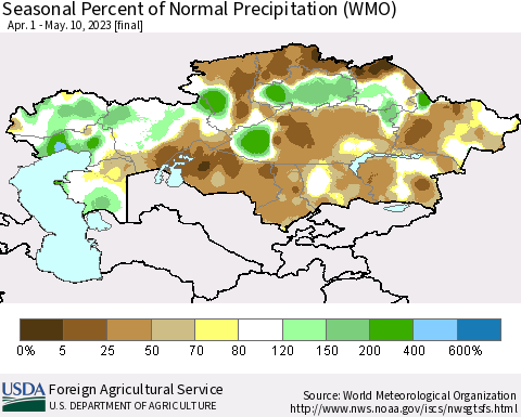 Kazakhstan Seasonal Percent of Normal Precipitation (WMO) Thematic Map For 4/1/2023 - 5/10/2023