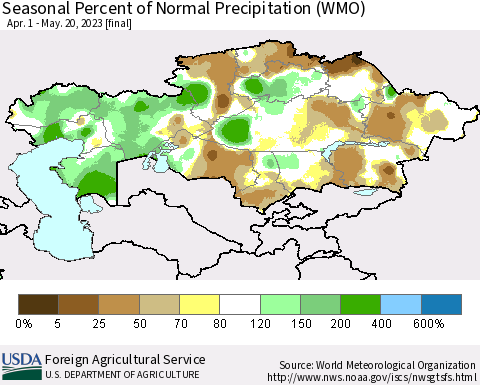 Kazakhstan Seasonal Percent of Normal Precipitation (WMO) Thematic Map For 4/1/2023 - 5/20/2023