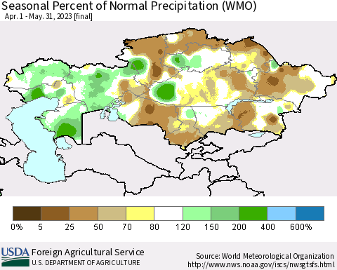 Kazakhstan Seasonal Percent of Normal Precipitation (WMO) Thematic Map For 4/1/2023 - 5/31/2023