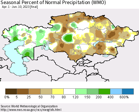 Kazakhstan Seasonal Percent of Normal Precipitation (WMO) Thematic Map For 4/1/2023 - 6/10/2023