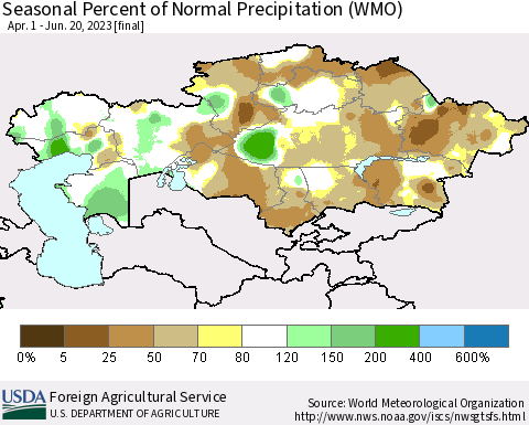 Kazakhstan Seasonal Percent of Normal Precipitation (WMO) Thematic Map For 4/1/2023 - 6/20/2023
