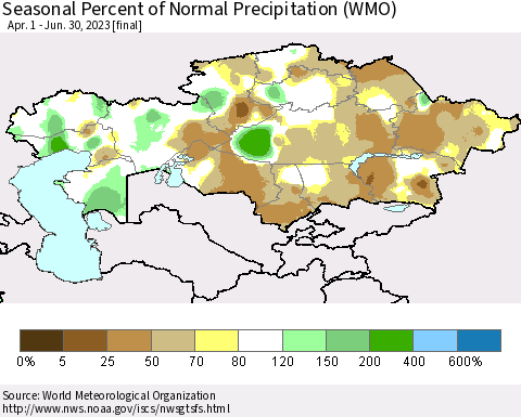 Kazakhstan Seasonal Percent of Normal Precipitation (WMO) Thematic Map For 4/1/2023 - 6/30/2023