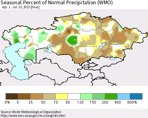 Kazakhstan Seasonal Percent of Normal Precipitation (WMO) Thematic Map For 4/1/2023 - 7/10/2023