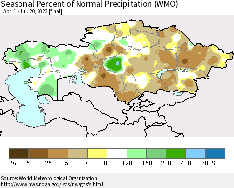 Kazakhstan Seasonal Percent of Normal Precipitation (WMO) Thematic Map For 4/1/2023 - 7/20/2023