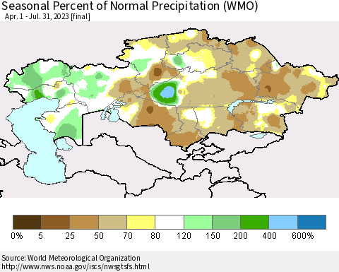 Kazakhstan Seasonal Percent of Normal Precipitation (WMO) Thematic Map For 4/1/2023 - 7/31/2023