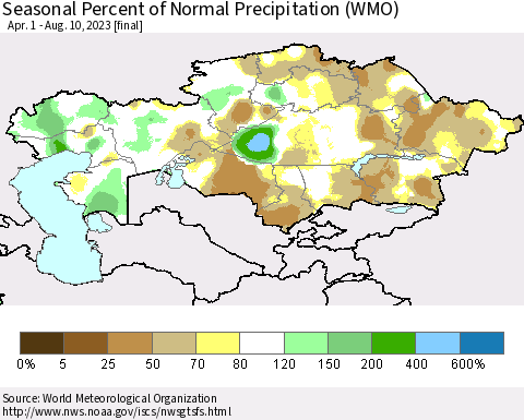 Kazakhstan Seasonal Percent of Normal Precipitation (WMO) Thematic Map For 4/1/2023 - 8/10/2023