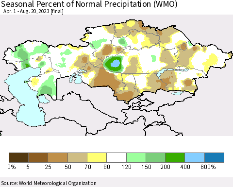 Kazakhstan Seasonal Percent of Normal Precipitation (WMO) Thematic Map For 4/1/2023 - 8/20/2023