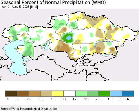 Kazakhstan Seasonal Percent of Normal Precipitation (WMO) Thematic Map For 4/1/2023 - 8/31/2023