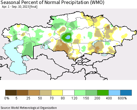 Kazakhstan Seasonal Percent of Normal Precipitation (WMO) Thematic Map For 4/1/2023 - 9/10/2023
