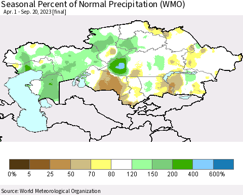 Kazakhstan Seasonal Percent of Normal Precipitation (WMO) Thematic Map For 4/1/2023 - 9/20/2023