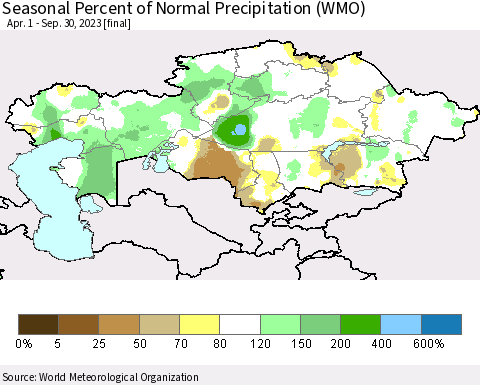 Kazakhstan Seasonal Percent of Normal Precipitation (WMO) Thematic Map For 4/1/2023 - 9/30/2023
