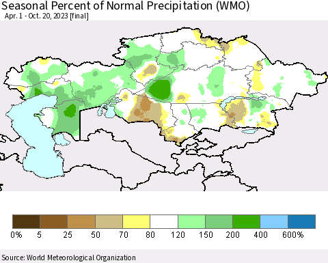 Kazakhstan Seasonal Percent of Normal Precipitation (WMO) Thematic Map For 4/1/2023 - 10/20/2023