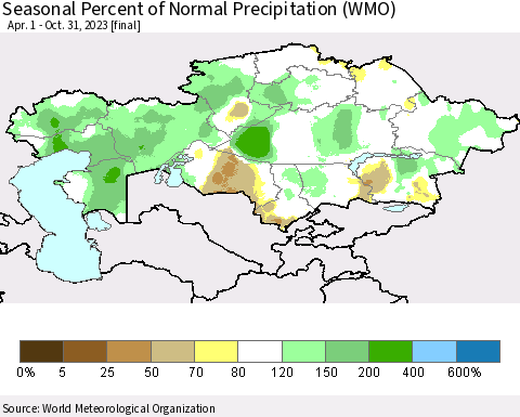 Kazakhstan Seasonal Percent of Normal Precipitation (WMO) Thematic Map For 4/1/2023 - 10/31/2023