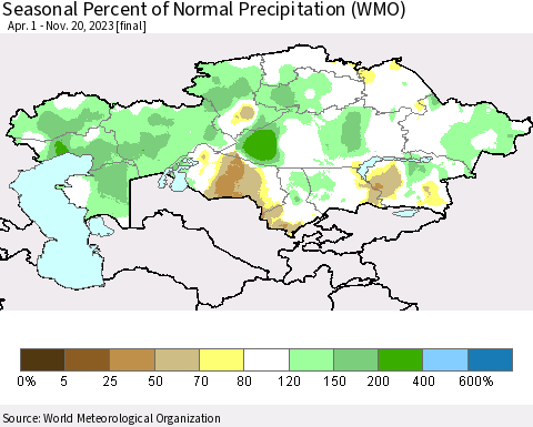 Kazakhstan Seasonal Percent of Normal Precipitation (WMO) Thematic Map For 4/1/2023 - 11/20/2023