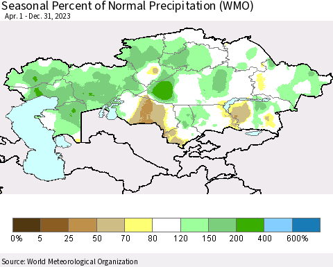 Kazakhstan Seasonal Percent of Normal Precipitation (WMO) Thematic Map For 4/1/2023 - 12/31/2023
