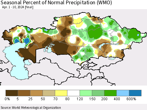 Kazakhstan Seasonal Percent of Normal Precipitation (WMO) Thematic Map For 4/1/2024 - 4/10/2024