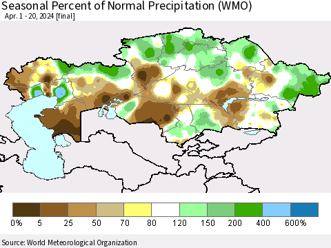 Kazakhstan Seasonal Percent of Normal Precipitation (WMO) Thematic Map For 4/1/2024 - 4/20/2024