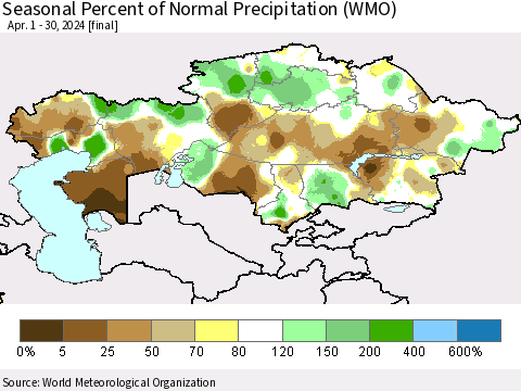 Kazakhstan Seasonal Percent of Normal Precipitation (WMO) Thematic Map For 4/1/2024 - 4/30/2024