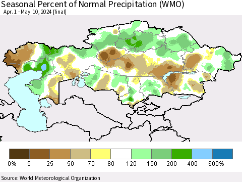 Kazakhstan Seasonal Percent of Normal Precipitation (WMO) Thematic Map For 4/1/2024 - 5/10/2024