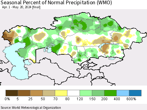 Kazakhstan Seasonal Percent of Normal Precipitation (WMO) Thematic Map For 4/1/2024 - 5/20/2024