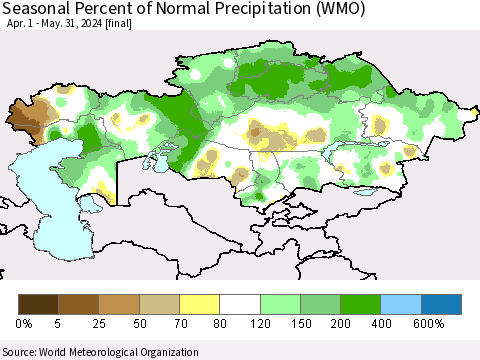 Kazakhstan Seasonal Percent of Normal Precipitation (WMO) Thematic Map For 4/1/2024 - 5/31/2024