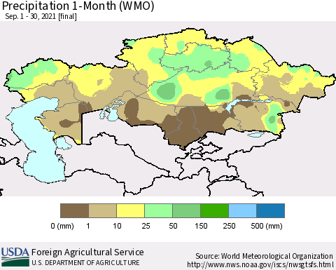 Kazakhstan Precipitation 1-Month (WMO) Thematic Map For 9/1/2021 - 9/30/2021