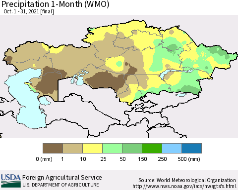 Kazakhstan Precipitation 1-Month (WMO) Thematic Map For 10/1/2021 - 10/31/2021