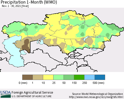 Kazakhstan Precipitation 1-Month (WMO) Thematic Map For 11/1/2021 - 11/30/2021