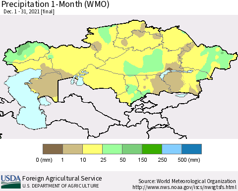 Kazakhstan Precipitation 1-Month (WMO) Thematic Map For 12/1/2021 - 12/31/2021