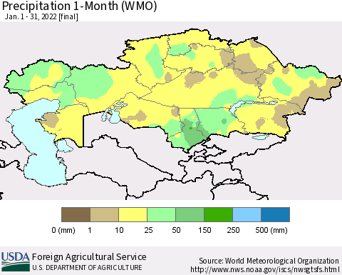 Kazakhstan Precipitation 1-Month (WMO) Thematic Map For 1/1/2022 - 1/31/2022