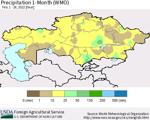 Kazakhstan Precipitation 1-Month (WMO) Thematic Map For 2/1/2022 - 2/28/2022