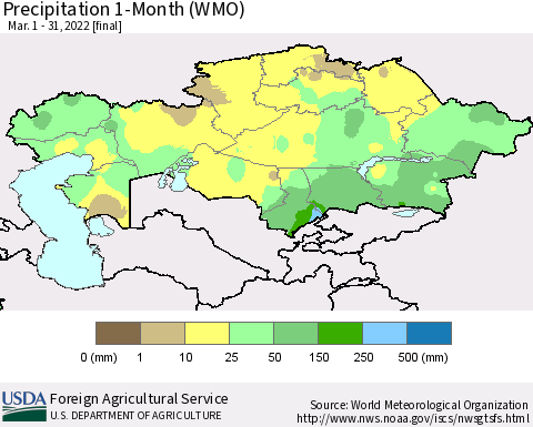 Kazakhstan Precipitation 1-Month (WMO) Thematic Map For 3/1/2022 - 3/31/2022