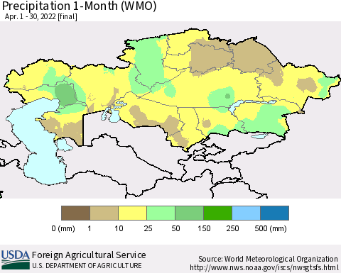 Kazakhstan Precipitation 1-Month (WMO) Thematic Map For 4/1/2022 - 4/30/2022
