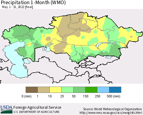 Kazakhstan Precipitation 1-Month (WMO) Thematic Map For 5/1/2022 - 5/31/2022