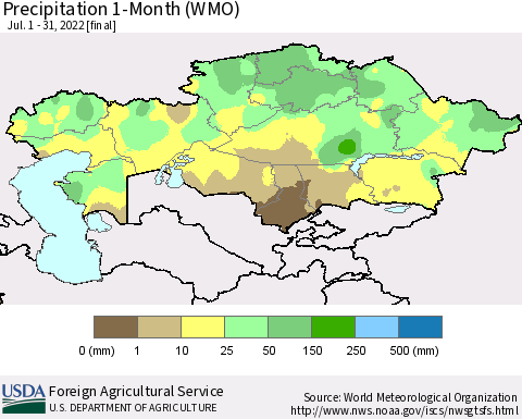 Kazakhstan Precipitation 1-Month (WMO) Thematic Map For 7/1/2022 - 7/31/2022