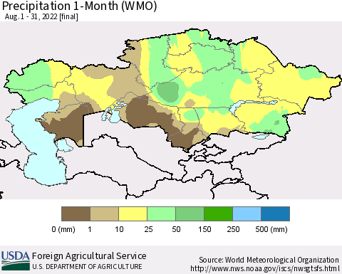 Kazakhstan Precipitation 1-Month (WMO) Thematic Map For 8/1/2022 - 8/31/2022