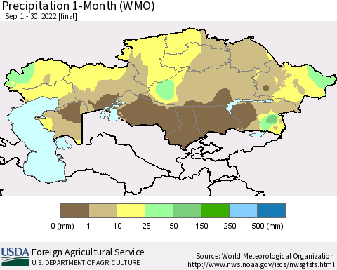 Kazakhstan Precipitation 1-Month (WMO) Thematic Map For 9/1/2022 - 9/30/2022